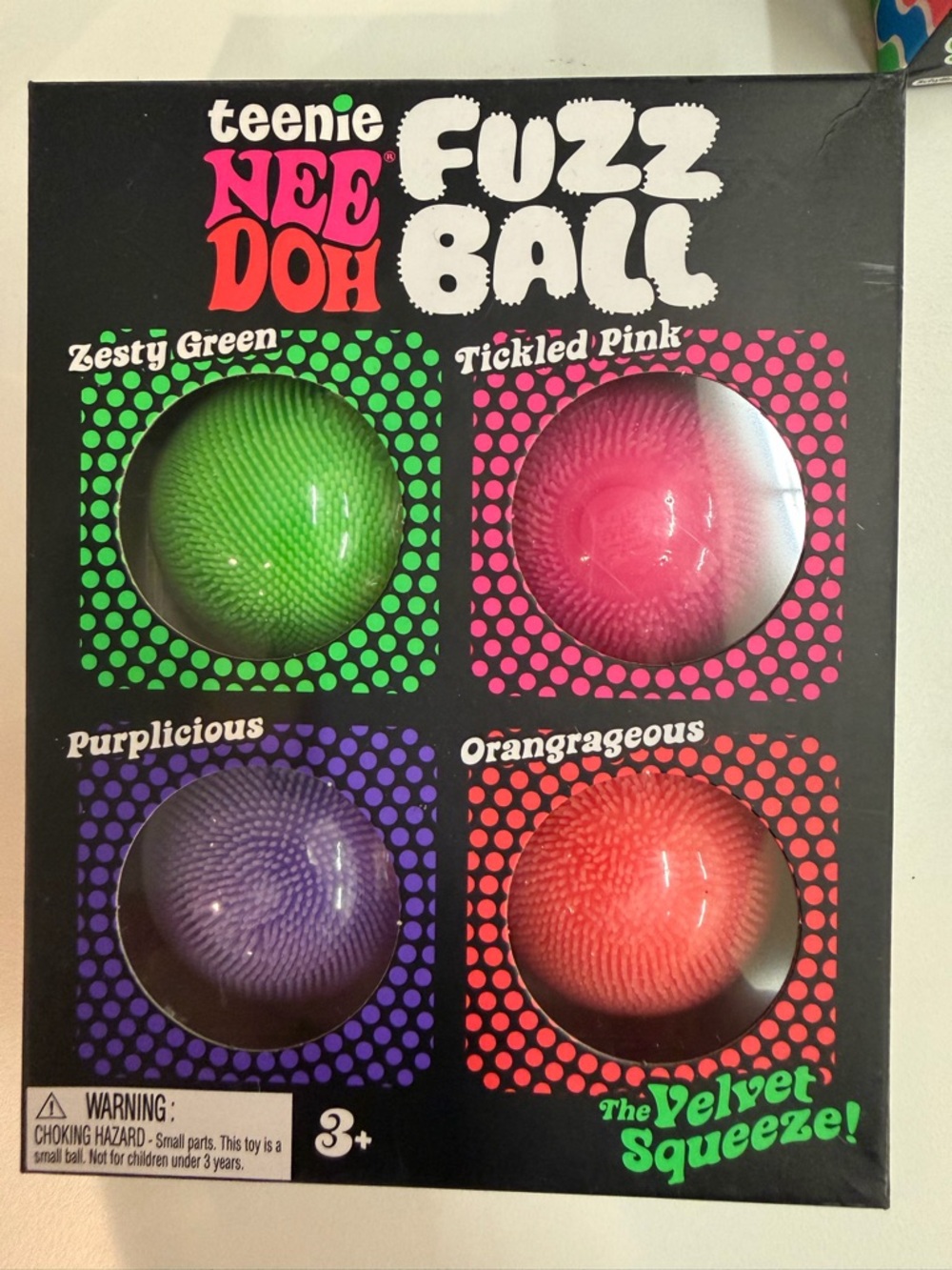 Teenie NeeDoh Fuzz Ball 4-Pack - Green, Pink, Purple, Orange